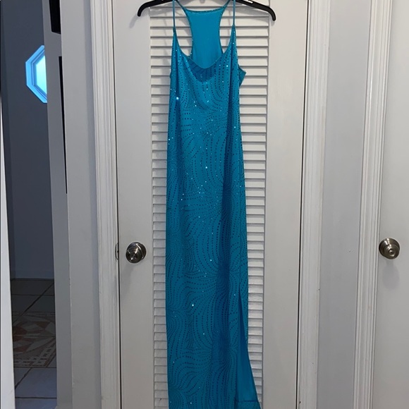 Full-Length Dress with Ruched Waist and Skirt Slit Turquoise